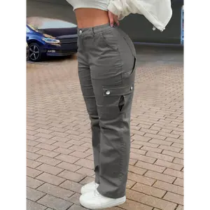 Women'S High-Waisted Cargo Pants, Casual Solid Color Polyester 100 Woven Fabric, All-Season Loose Fit Retro Street Style with Pockets