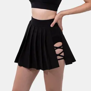 High Waisted Pleated 2-in-1 Side & Back Pocket Asymmetric Hem Quick Dry Mini Dance Skirt