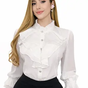 Divine Elegant White Ruffle Blouse with Crystal Buttons