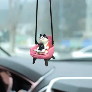 Cat Rear View Mirror Hanging Accessories Cute Cat Sitting Sofa Reading and Drinking Coffee Car Hanging Ornament Pendant Interior Rearview Mirror Decoration