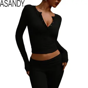 ASANDY Women's Cotton Slim-Fit Long-Sleeve V-Neck Henley Sporty Sports Top, Basic Tee for Yoga, Casual 2026 Fall Outfits, Sporty Sports Tops