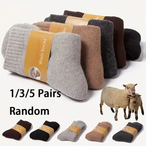 1/3/5 Pairs Autumn Winter Thickened Wool Socks for Men & Women Solid Color Casual Terrycloth Mid-Calf Warm Wool Socks Plain Beige Random  Womenswear