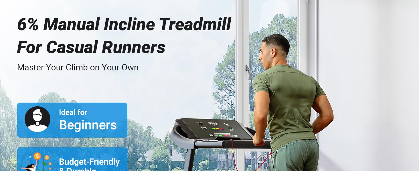 0-6% Manual Incline Treadmill, 300 lbs Capacity Treadmill with Manual Incline, 3.0 HP, Heart Rate Monitoring, Wider Running Belt