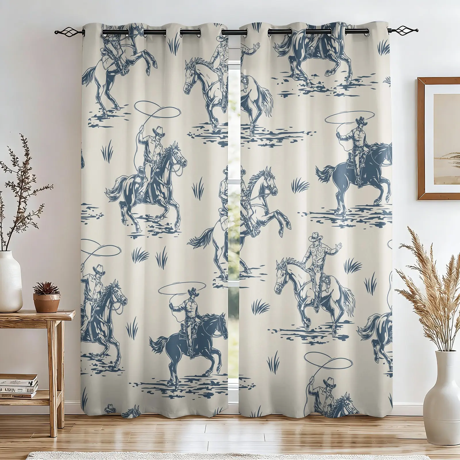 2 Panels Western Cowboy & Toile De Jouy Print Curtains, Wild West Ride Horse Darkening Window Curtains, Vintage Printed Decoration Curtains for Teens & Adults Farmhouse Bedroom Living Room, Aesthetic Home Decor