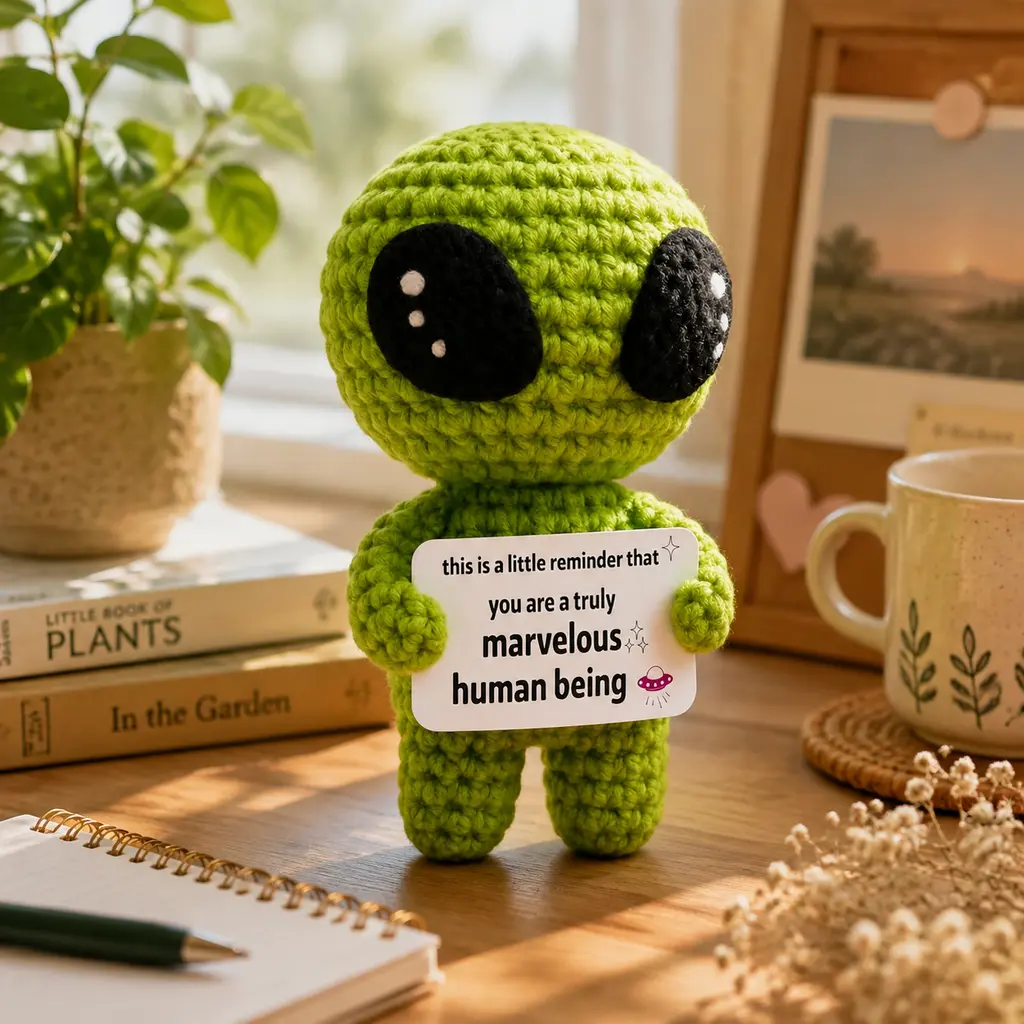 Positive Alien Crochet Doll, Handmade Knitted Mini Green Alien Plush with Inspirational Quote Card, Cute Emotional Support Gift, Inspirational Pocket Desk Decor for Friends Cheer‑Up Gift