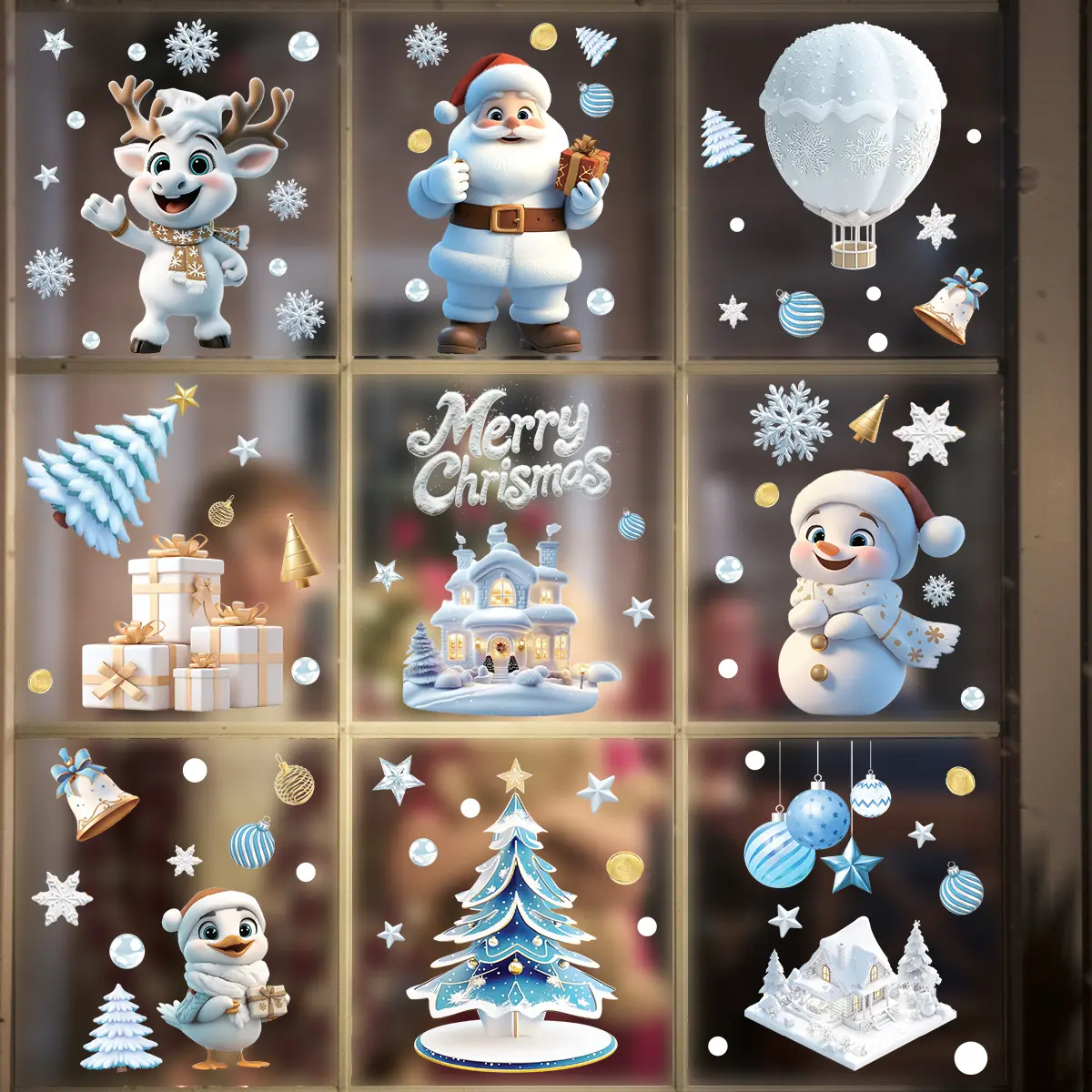 9 Sheets/set Christmas Window Stickers, Cute Santa and Snowman Designs, Static Cling Decorations for Mall New Year Events