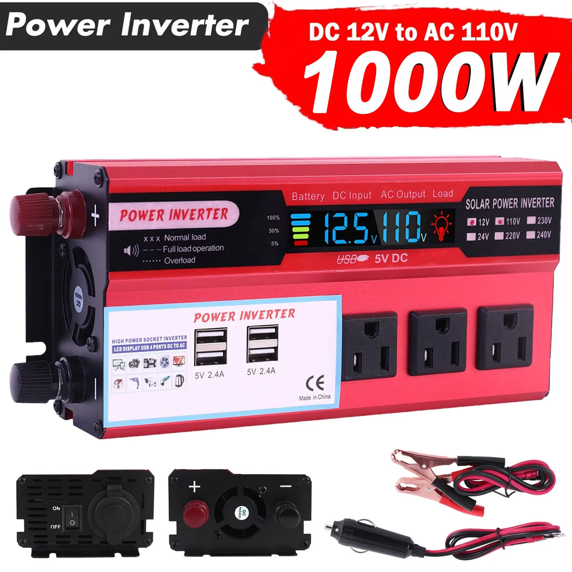 High Power Portable Car Inverter - 1000W Peak DC 12V to 120V AC Modified Sine Wave Converter with 3 AC Outlets, 4 USB Ports, LED Display for Outdoor, Camping, RV Users; Tailgating Accessory, High Power Inverter