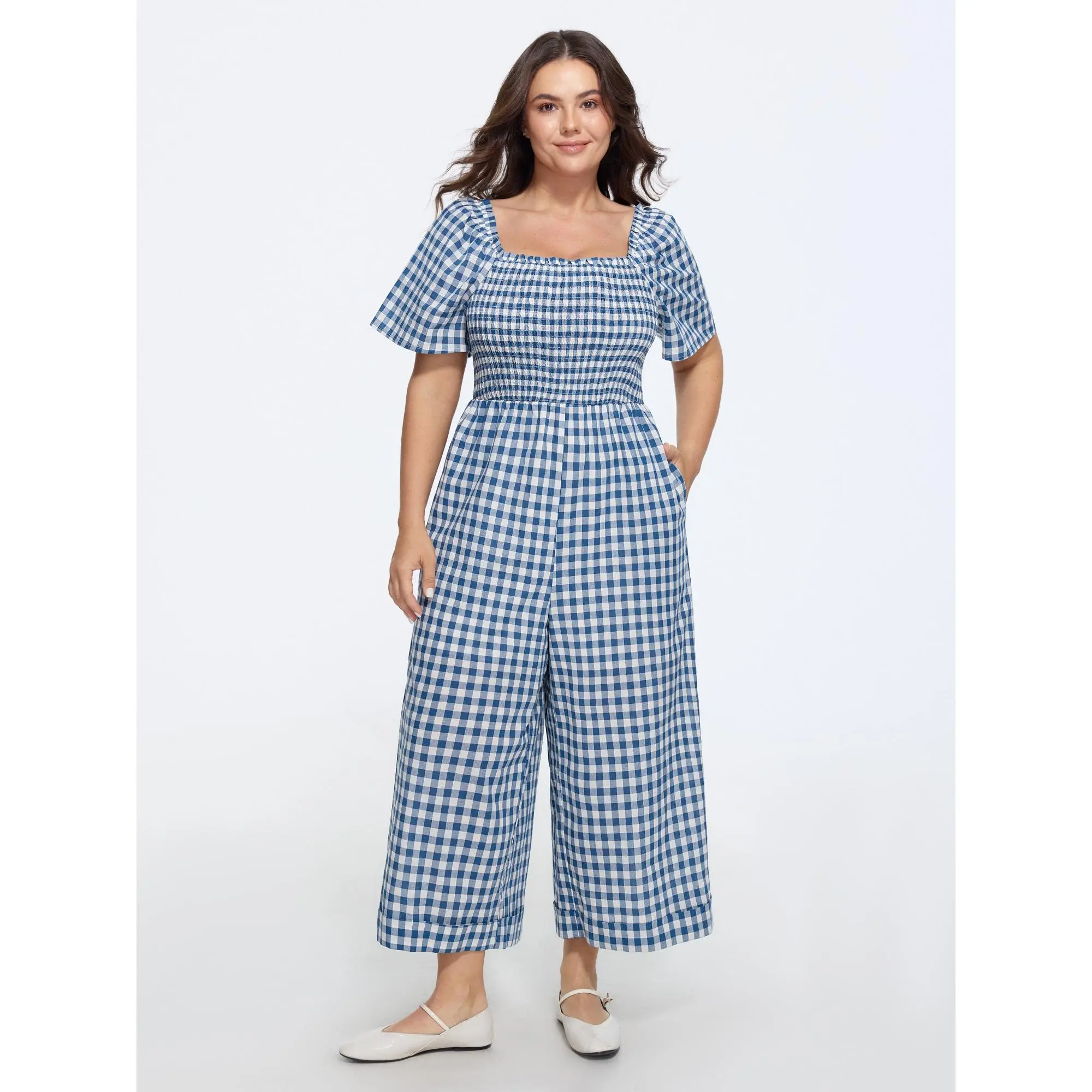 BLOOMCHIC Plus Size Cotton Plaid Print Square Neck Shirred Wide Leg Jumpsuit[M-6X] 2026 Summerfinds