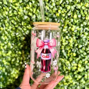 Diet Coke Glass Cup 16oz with Bow - Decorative Design, Ideal for Drinkware and Bottles