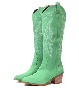 CELNEPHO Womens Cowboy Boots Pointed Toe Embroidered Knee High Boot Easy Pull on Chunky Block Heel Western Cowgirl Wedding Casual Party Wear Fashionable Dress Shoes