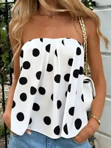 Womens polka dot strapless tube top cute loose fit bandeau blouse trendy summer going out top chic retro dot print camisole fashion streetwear vacation beach outfit lightweight sleeveless summer top