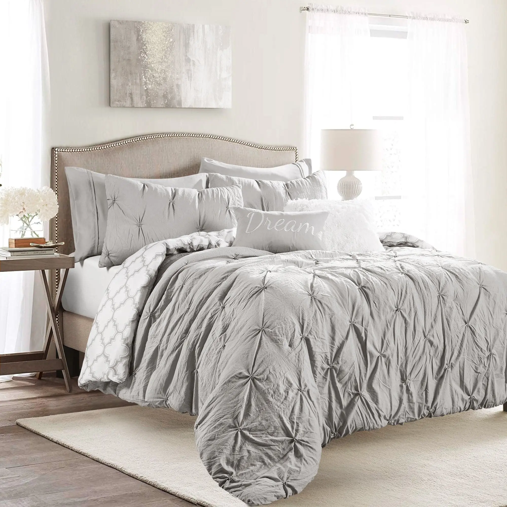 Lush Decor Ravello Pintuck Caroline Geo 5 Or 7 Piece Comforter Set - Reversible Geometric Print, Twin-XL ,Full/Queen& King Sizes, OEKO-TEX Certified