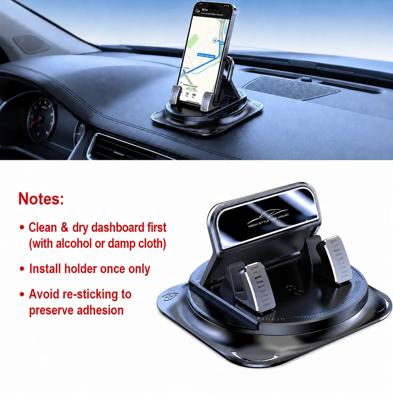 360 Degree Rotation Car Phone Holder, for In-Car Dashboard GPS Navigation, Suction Cup Fixed Non-Slip Mobile Bracket, Horizontal & Vertical Angle Adjustable Phone Mount,  Universal Cell Phone Holder Compatible with iPhone & Android