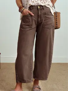 Women's High Waisted Barrel Jeans Casual Wide Leg Cropped Denim Pants with Patch Pockets Stretch Baggy Trousers