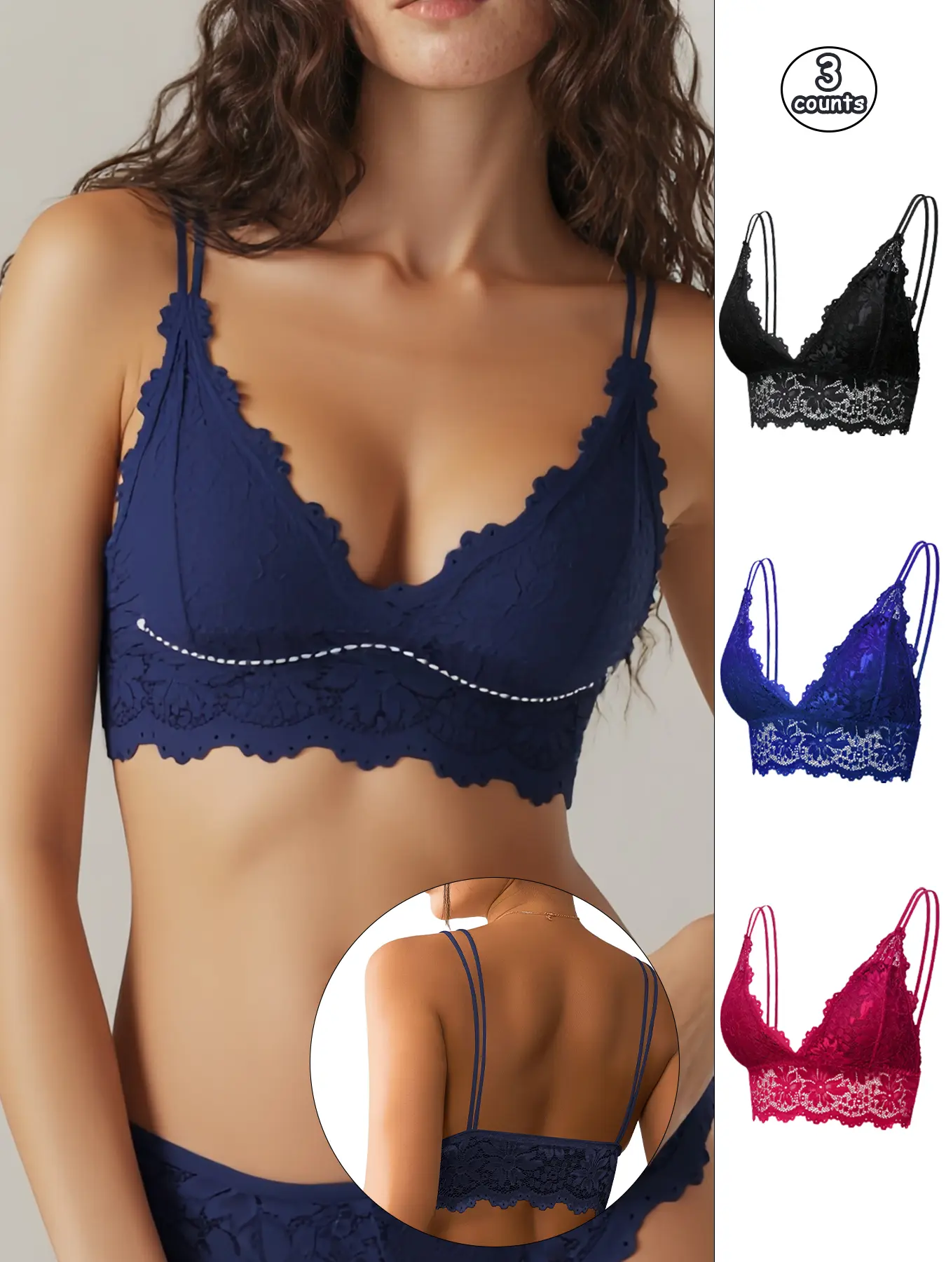 3 Pack Seamless Wireless Lace Bralettes, Sexy Fitted Plain Design, Max Support, Breathable Thin Backless Nightwear Innerwear