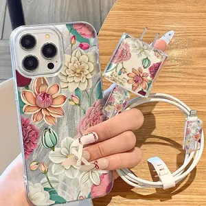 5-Piece Set with Textured Striped Design, Includes Charger Case, 2 Data Cable Sleeves, and Silicone Cable Tie for iPhone 11-16 Series