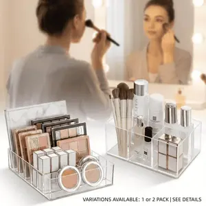 Clear Acrylic Makeup Organizer 2-Piece Set – Large Capacity Cosmetic Storage for Vanity, Bathroom Countertop, Drawer – Perfect for Eyeshadow Palettes, Brushes, Skincare Bottles, Lipsticks – Non-Slip, Stackable Beauty Organizer for Countertop Organization
