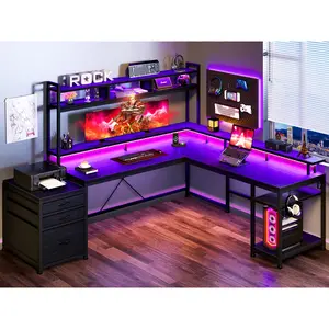 【BlackFriday Price Drop】Raybee 122" L Shaped LED Gaming Desk with Hutch and Drawers,Large Reversible Corner Desk with 3 Drawers & Storage Shelves,Computer Desk with Monitor Stand & 4AC Power Outlets Gaming Table for Home Office,64"W x 20"D x 66"H,Black