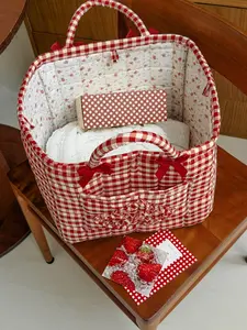 Red White Gingham Quilted Tote Bag with Bow & Ruffle Heart, Large Capacity Casual Cotton Handbag for Picnic, Travel & Daily Use, Quilted Purse Bags