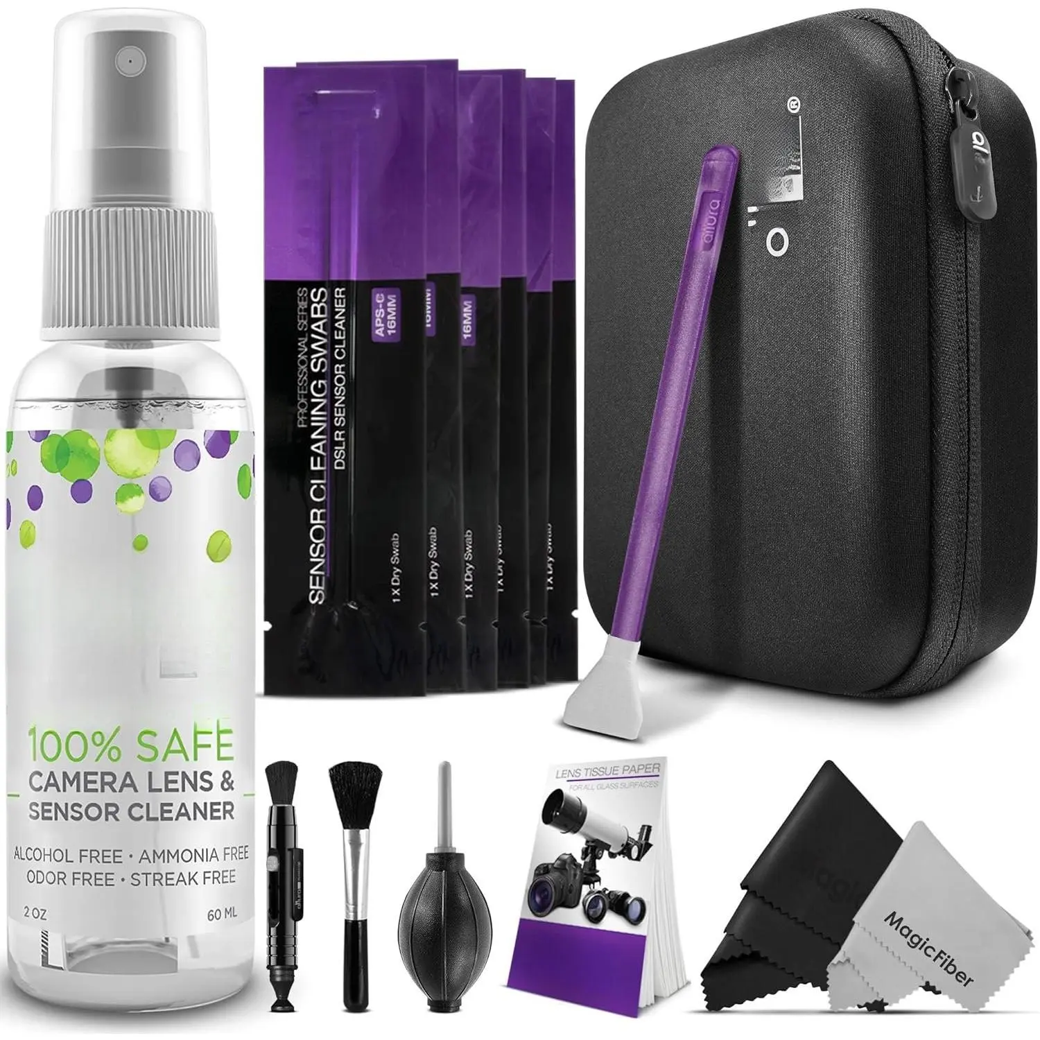 Camera Cleaning Kit - APS-C Lens & Sensor Cleaner with - Solution, 16mm Factory-Sealed Swabs, Pen, Blower, Brush, Cloths & Hard Case for    DSLR Mirrorless