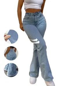 Women's Light Blue Washed Slim Fit Flare Jeans Winner: Fashionable Comfortable Casual Wear, Versatile Trendy Denim for Daily Life