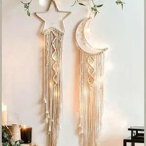 Tassel Dreamcatcher Hanging Decor, 1 set of hand-woven lace star and moon dreamcatcher wall decorations, not including LED lights, a hanging home wall art, room decoration, Bohemian style decoration