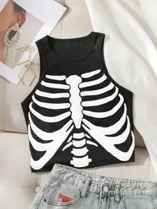 Y2K Subculture Ribbed Print Halter Top, Sweet Cool Fitted Crop Tank, Skull Print +, Wine Knit Bottom, All Seasons, Fashion