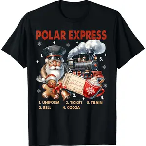 North Pole Polar Express All Abroad Believe Train Christmas T-Shirt, 100% Cotton, Single Side Printed, Black Short Sleeve T-shirt, 1 pc, Christmas Halloween Thanksgiving Gift