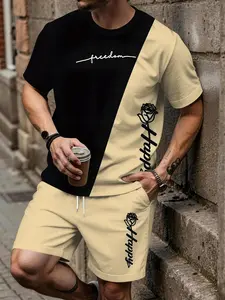 Men's Colorblock Rose Print Casual Set, Trendy Street Style Short Sleeve Shorts Two-Piece, Daily/commute/streetwear