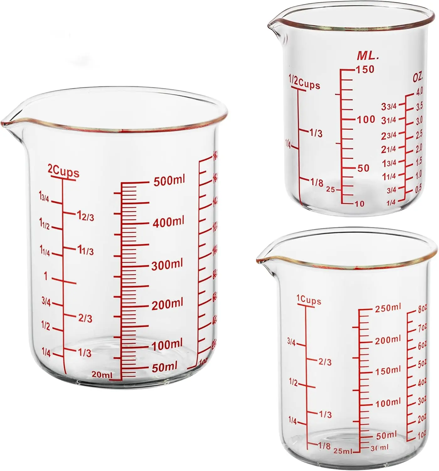 3-Piece Borosilicate Glass Measuring Cup Set, 1/2-Cup, 1-Cup & 2-Cup Liquid Measuring Cups for Baking and Cooking, Microwave & Dishwasher Safe