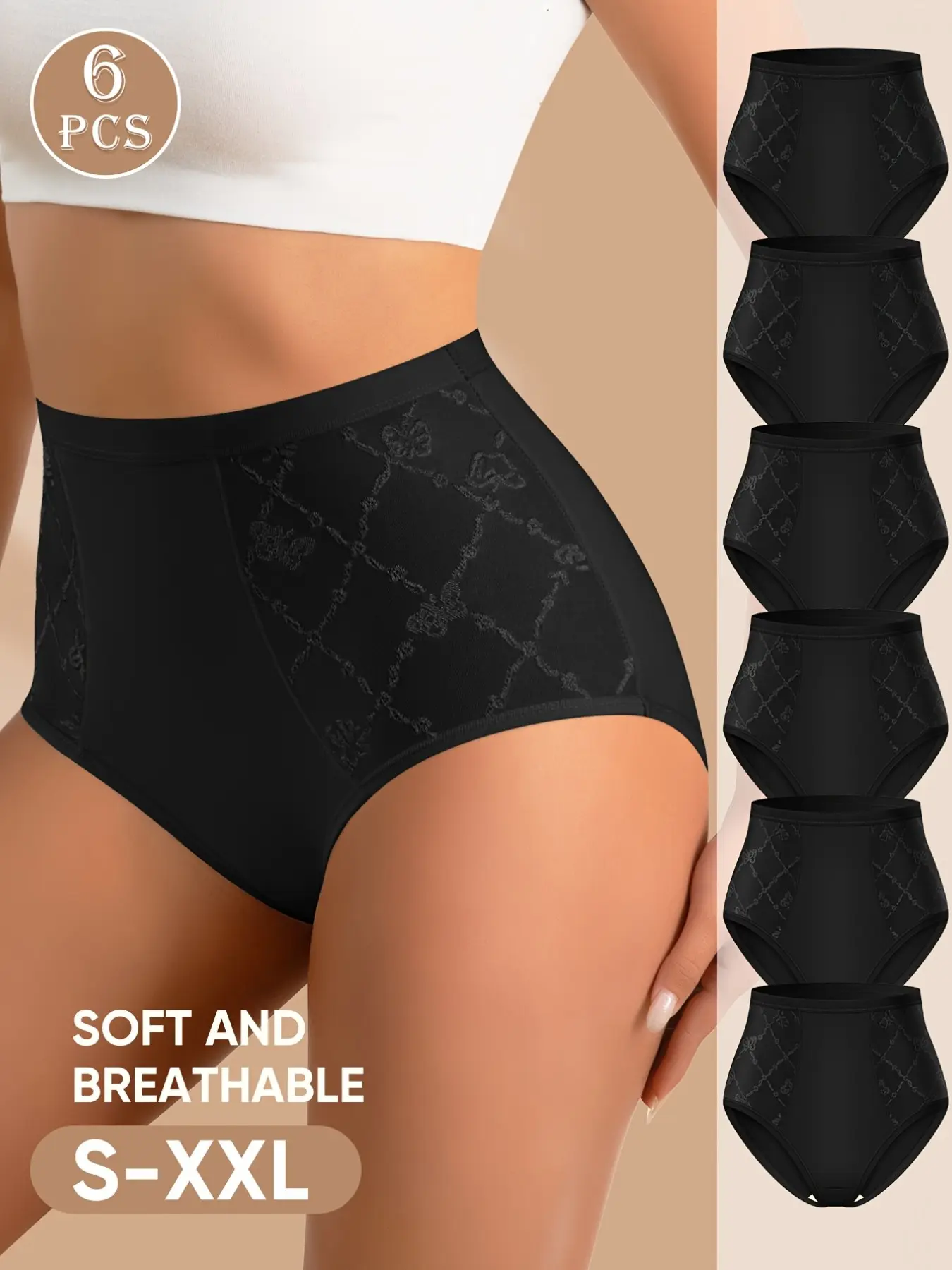 6-Pack Women's High-Waisted Control Underwear, Lace Breathable Sweat-Absorbing, Elegant Fit Triangle Panties, Patchwork Rhombus Design, Soft Breathable Panty