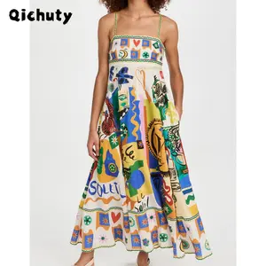 Women Boho Colorful Spaghetti Strap Dress Summer Vacation Beach Long Sun Dress RIC Rac Floral Flowy Cami Maxi Dress
