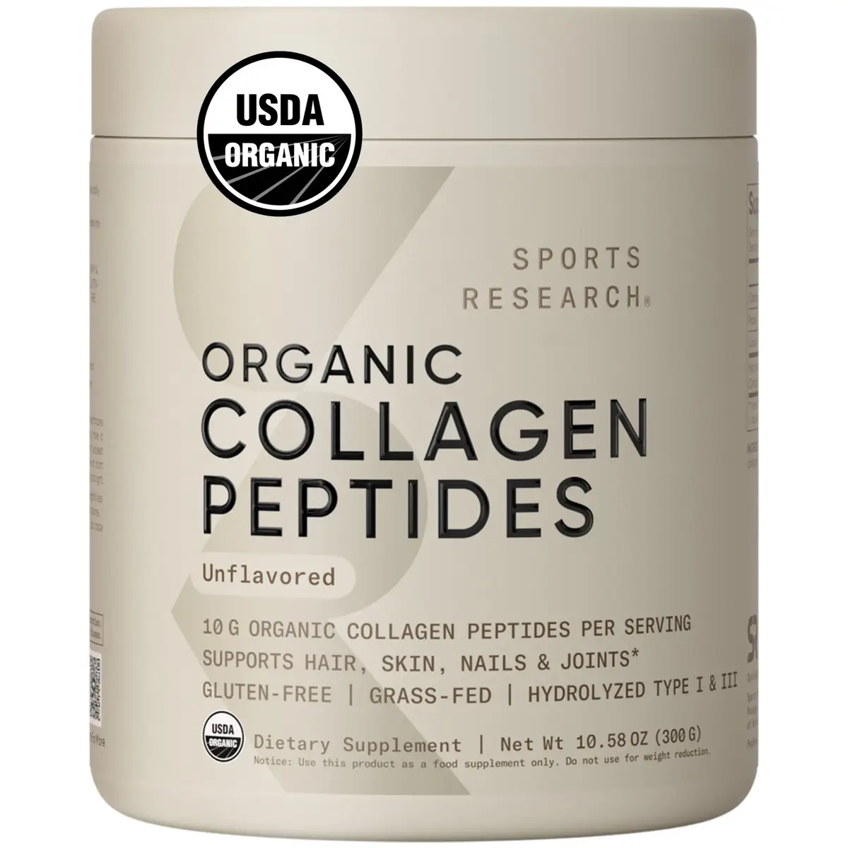 Sports Research Organic Collagen Peptides - USDA Certified Organic Hydrolyzed Type I & III Collagen - Unflavored - 30 Servings