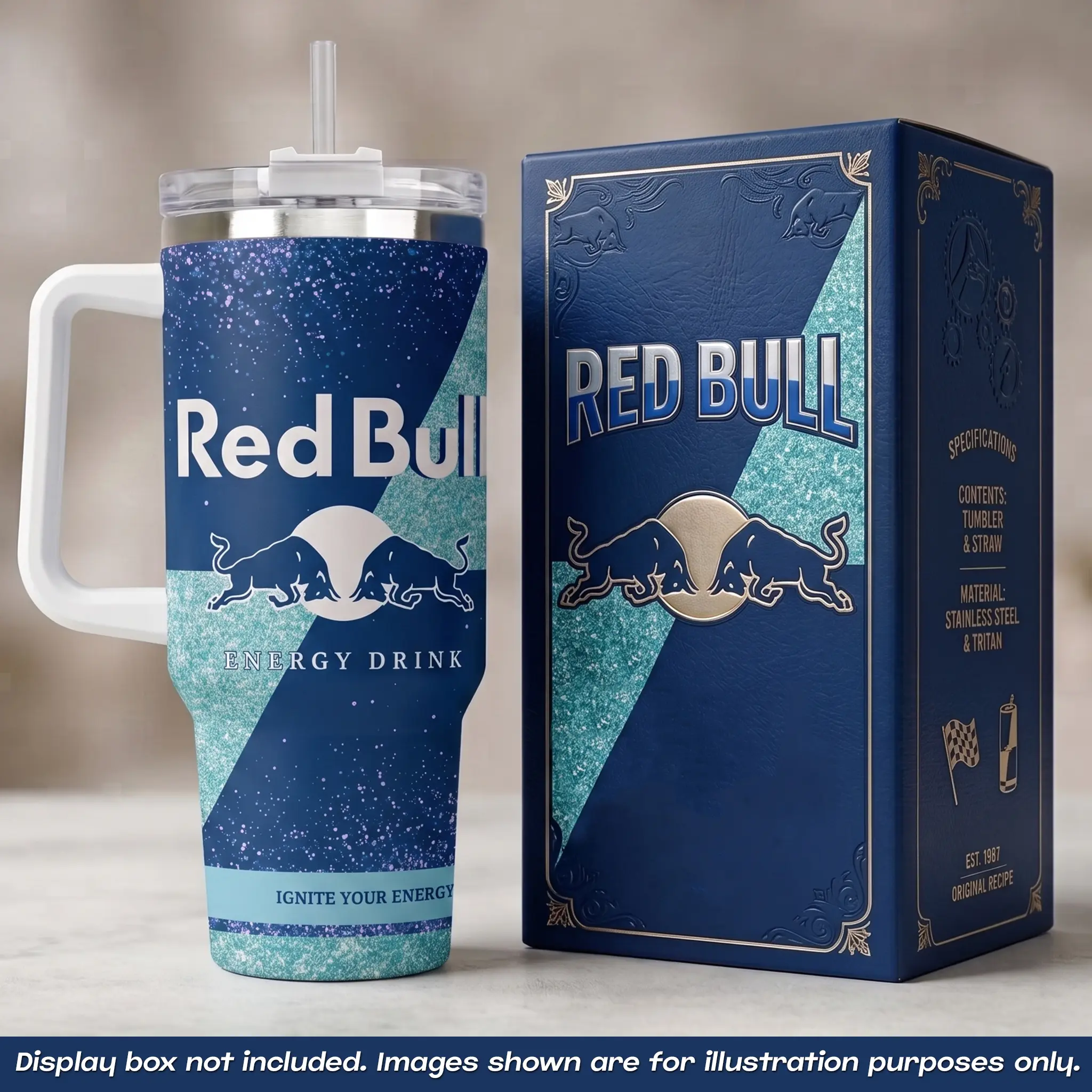 Red Bull 40oz Tumbler With Handle No Box, Energy Drink RB Blue Glitter Travel Mug, Ignite Your Energy Stainless Steel Insulated Cup, Charging Bulls Sports Drinkware, Cold Iced Coffee Water Tumbler, Extreme Sports Fan Gifts
