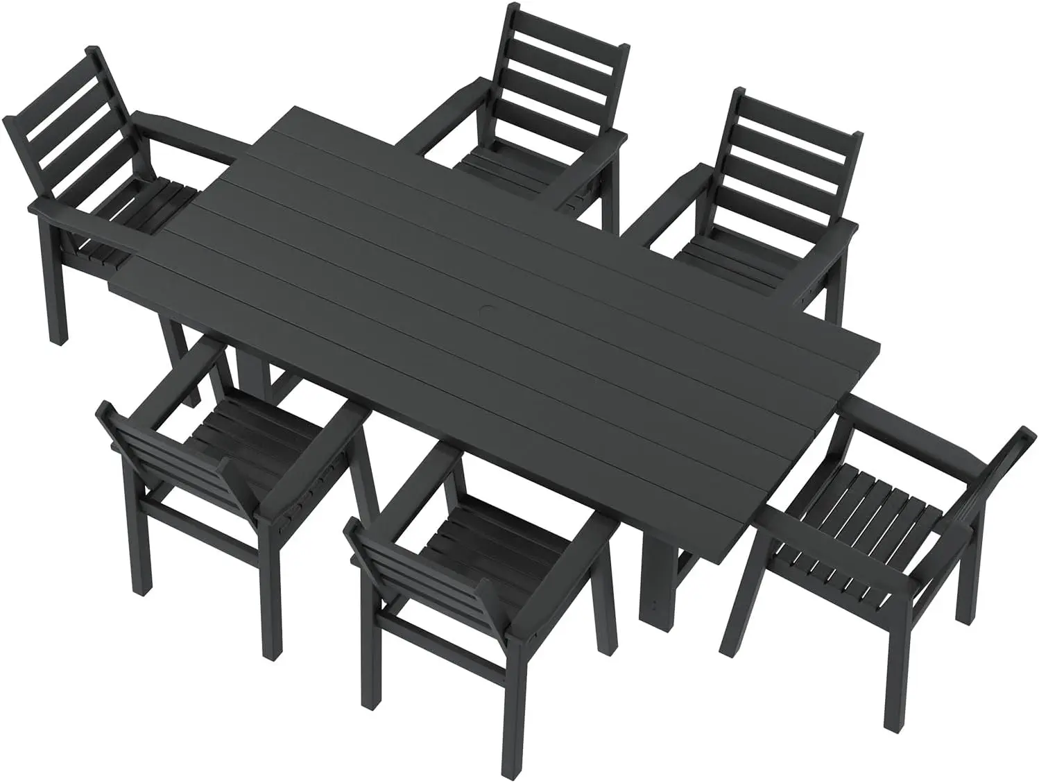 VanAcc 7-Piece Outdoor Dining Set, 71" HDPE Table with 6 Chairs, Large Outside Patio Furniture with Umbrella Hole for Garden, Backyard, Poolside