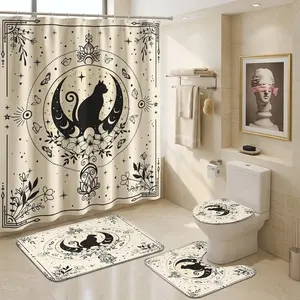 4pcs Mystical Gothic Bathroom Accessory Set, Celestial Cat Silhouette Shower Curtain, Toilet Seat Cover, Floral Bath Mats, Halloween Theme