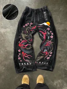 Men's Casual Loose Cotton Sports Pants, Dragon Print, Street Style, Drawstring Waist, Long/regular Length, All Seasons, Ideal Gift