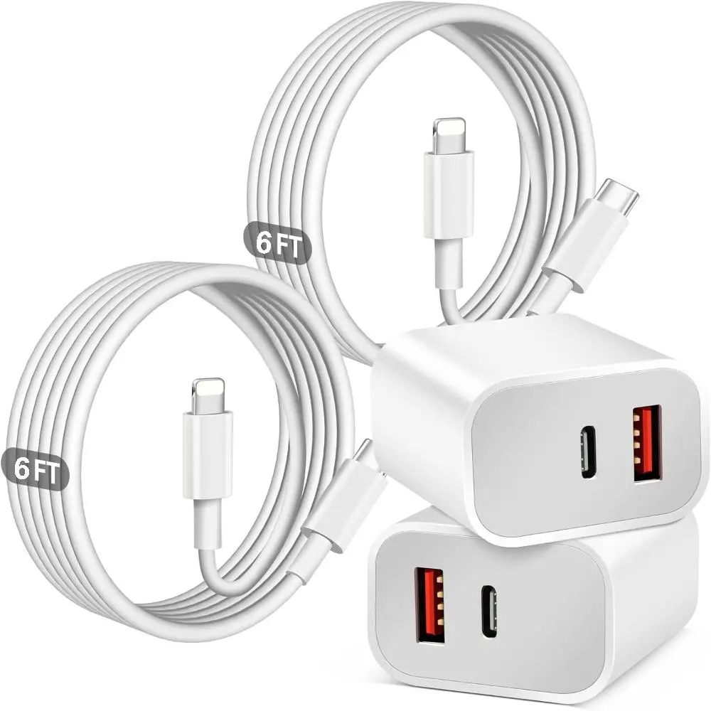 20W PD+QC3.0 Dual Port Fast Charger & 6FT USB C Compatible with Lightning Data Cable, 2 Sets Fast Charging Adapter, Quick Charger for iPhone