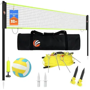 32ft Regulation Size Portable Outdoor Volleyball Net Set System for Backyard Beach with Height Adjustable Poles, PU Volleyball and Pump, Carry Bag, Boundary Line - Easy Set Up & Anti-Sagging