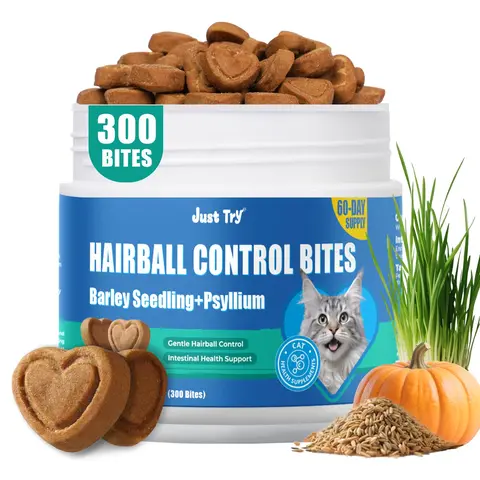 JUST TRY Cat Hairball Support Bites Chicken Flavor Hairball Control, with Cat Grass, Cat Supplements for Indoor Cat, 300Bites 6.35 OZ #sohochic