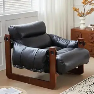 Wide Oil Wax Leather Accent Chair – Solid Wood Upholstered Lounge Chair, American Vintage Retro Design with Deep Seat & Plush Cotton Comfort