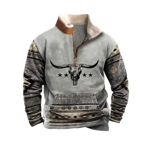 Aztec Cowboy Mens Hoodie Vintage Graphic Western Hoodies Casual Long Sleeve 1/4 Zipper Pullover Mens Country Jackets