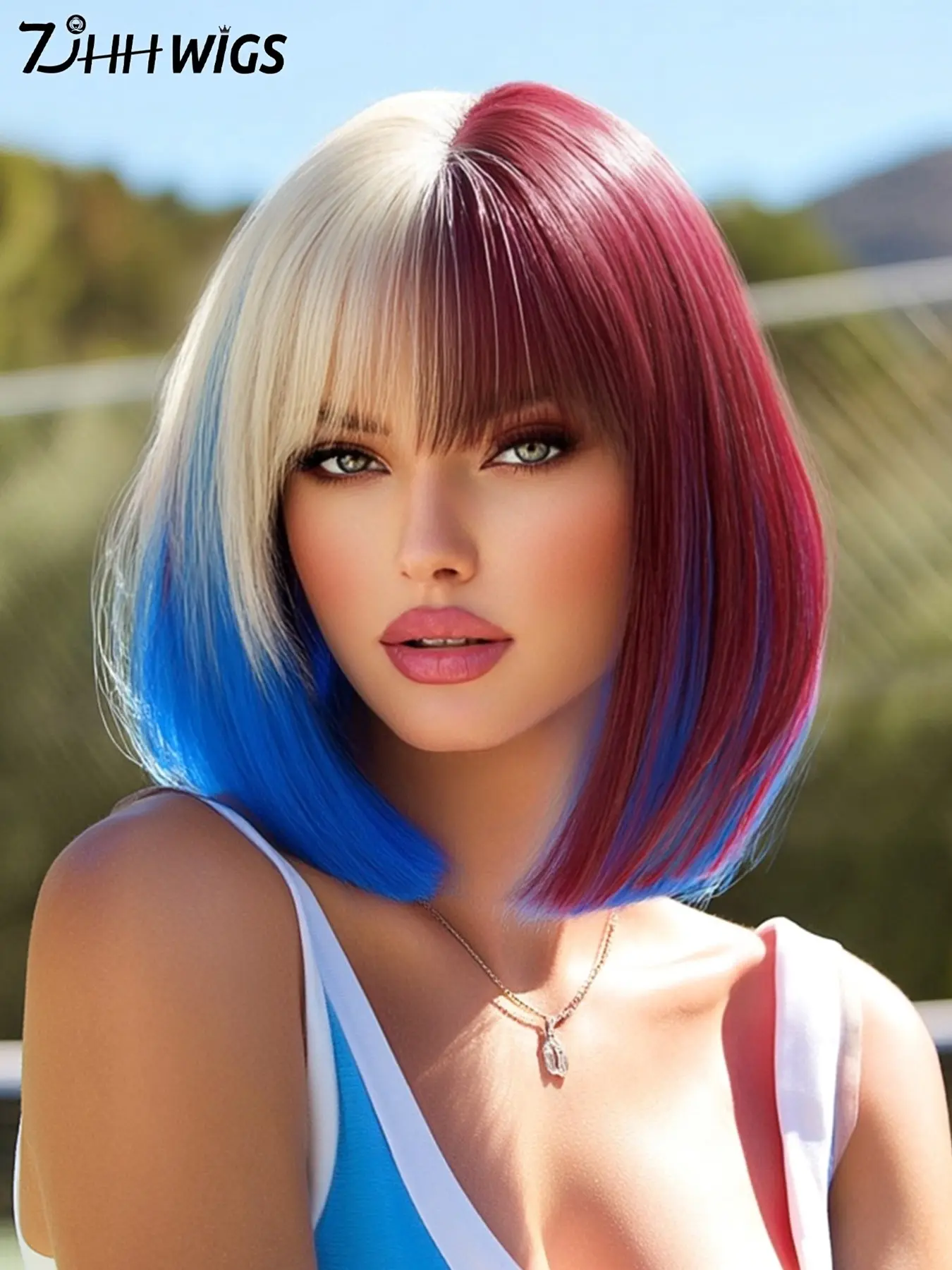 Red White & Blue Wigs for Women Party Wigs Fun Wigs 12 Inch Short Straight Wig with Bangs Synthetic Heat Resistant Wig for festival Fan Zone Support