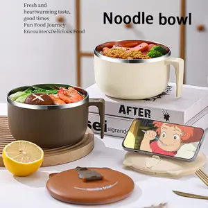 304 Stainless Steel Noodle Bowl with Lid, Large Capacity, Portable Anti-Scald Dishware, Camping Kitchenware, Student Lunch Box, Non-Ignition, Back to School