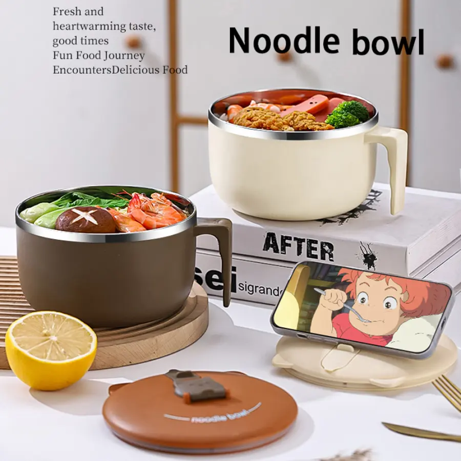 304 Stainless Steel Noodle Bowl with Lid, Large Capacity, Portable Anti-Scald Dishware, Camping Kitchenware, Student Lunch Box, Non-Ignition, Back to School