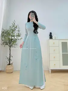 Lụa vân gỗ embroidery  Blue ao dai with pants  A30 | Ao Dai for Women| Lunar New Year | Ao Dai Viet Nam