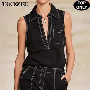 UOOZEE Women's Collared Spandex-Polyester Minimalist Blouse - New Black Colorblock, Contrast-Stitch, Smooth Fabric, Sleeveless V-Neck, 1-Pocket Polo Tank, Everyday Comfortable Casual Workwear (Better Fit for C+ Cup, Pair with Blazer, Stylish)