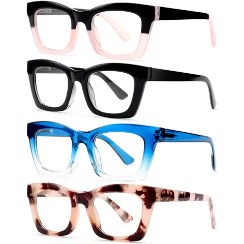 Unisex 4-Pack High-Quality Anti-Blue Light Reading Eyeglasses for Adults - Female-Friendly, Oprah-Style Chunky Full Rim Horn Frame, Polycarbonate Lens, Eyewear Fashion Memorial Day Gift