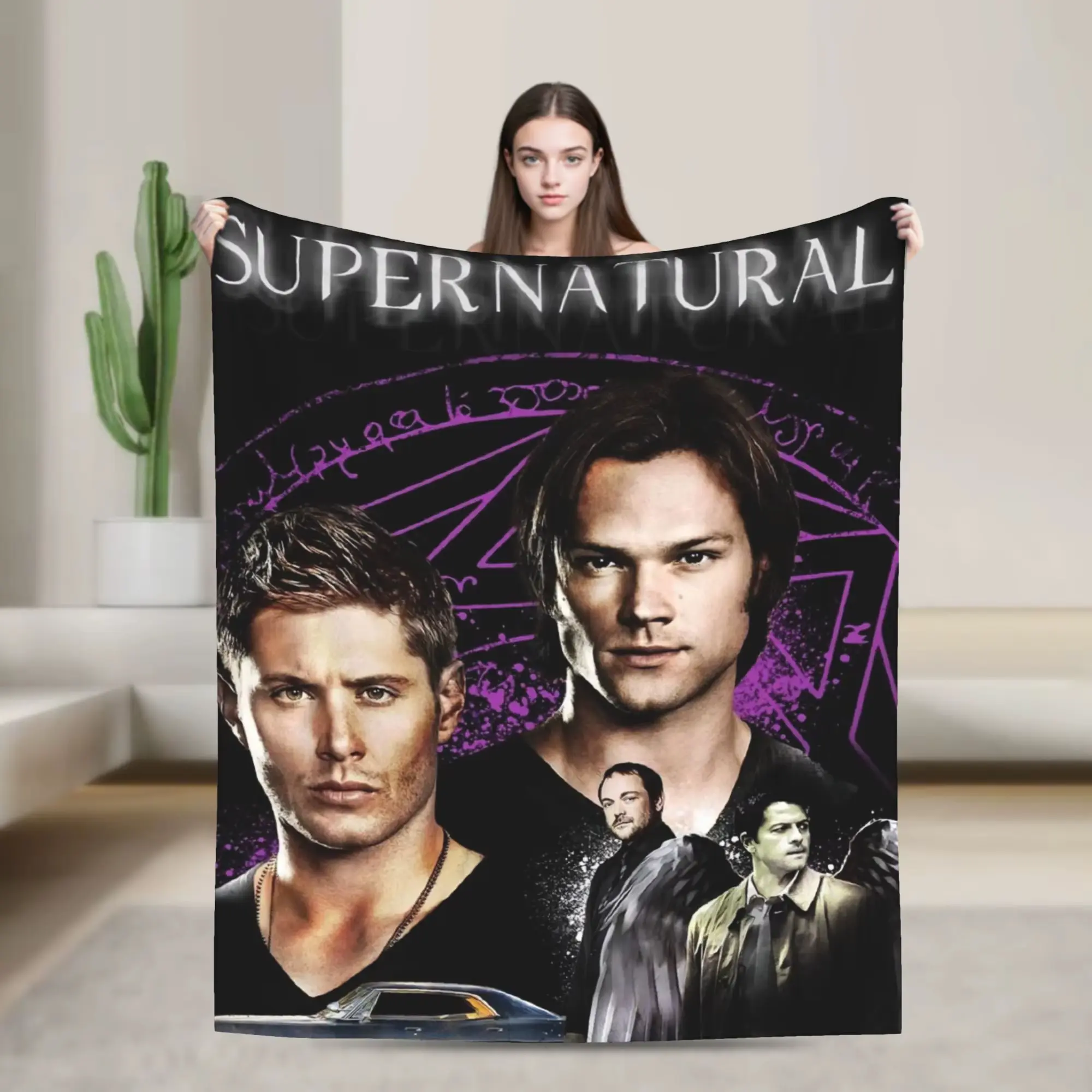 Supernatural TV Series Flannel Throw Blanket - All-Seasons Flannel Fabric, Classic Gothic Sky Single-Side Print, Soft Warm, Indoor/Outdoor Use for Living Room Bed, Fan Gift for Halloween Christmas, Throw Blankets, Soft Warmth