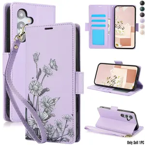 Flower Flip Phone Case Suitable For Samsung Suitable For Galaxy A55 A35 A25 A15 A05 A54 A34 A24 A14 A04 A04S A04E 4G 5G, PU Faux Leather Protective Wallet Phone Bag With Wrist Strap Card Slots RFID Blocking Stand Cover, Casing